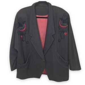 Vintage Esmode Wool Coat Embroidered Applique Abstract Floral Black Red Large